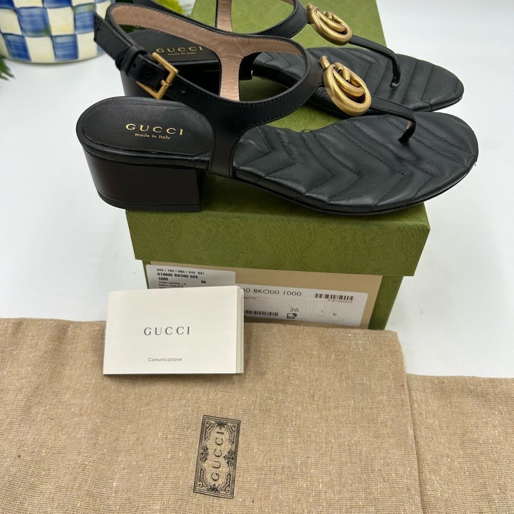 Gucci Black Leather GG Thong Sandals with Gold Hardware - Picture 2 of 10